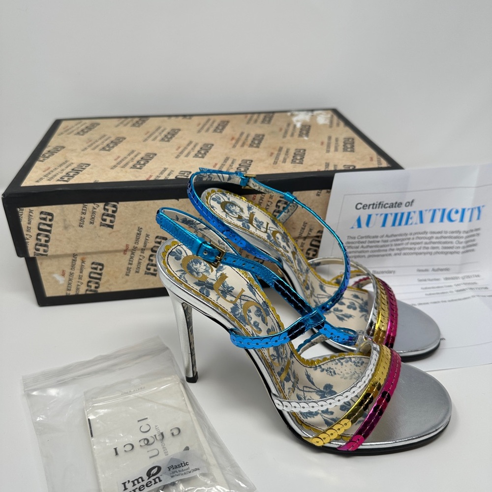 RARE Gucci Floral Insole Rainbow Sequin Strap Size 35 (5W) | Full Inclusion- NEW